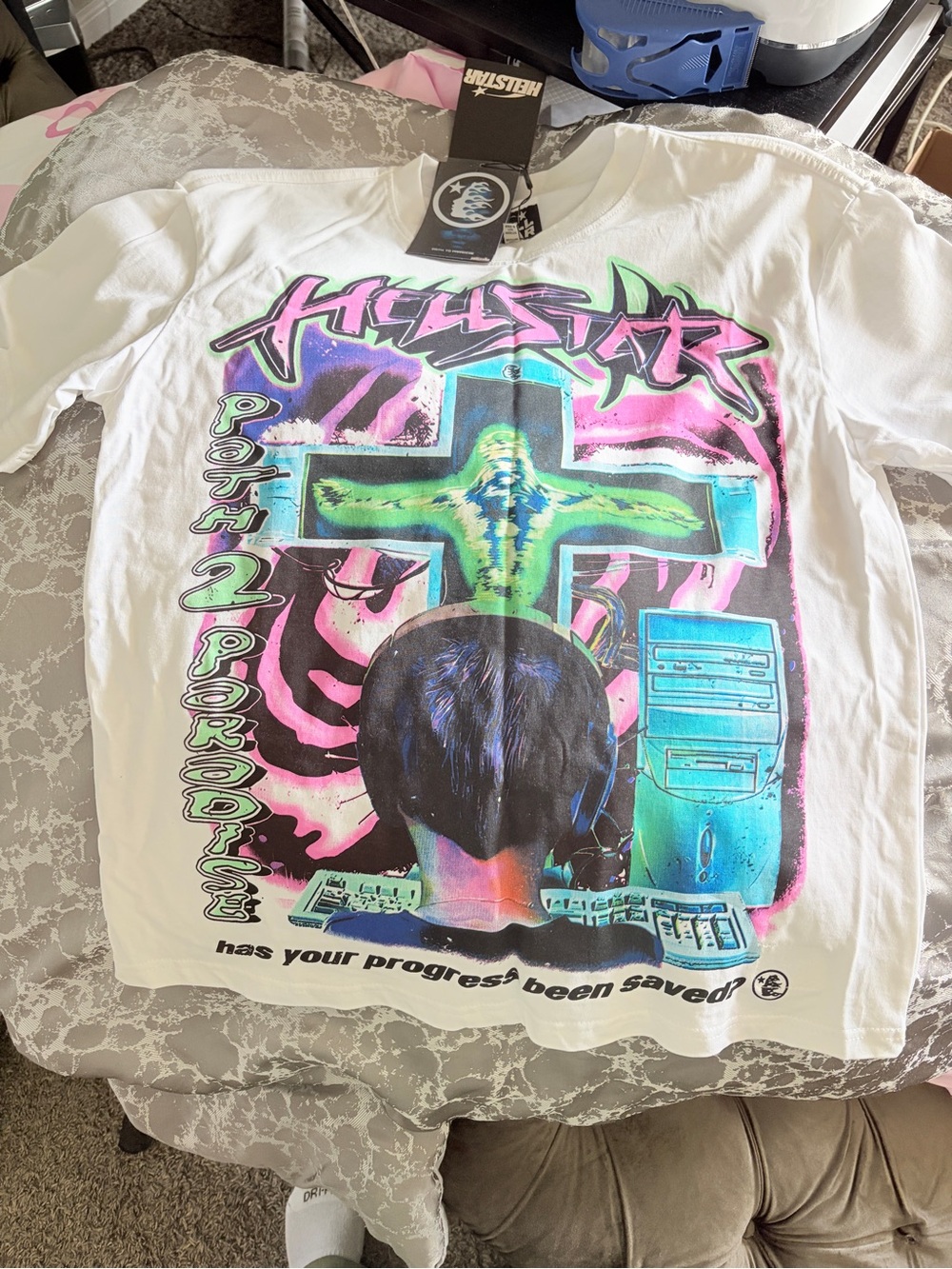White Short-Sleeve Graphic Tee - Neon Cross Print
